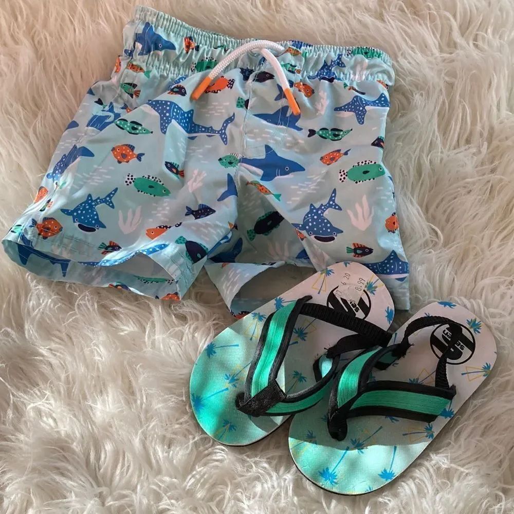 New Cat & Jack Swim trunks and New Flip Flops Trunks Size 12M Flip Flops Sz 6